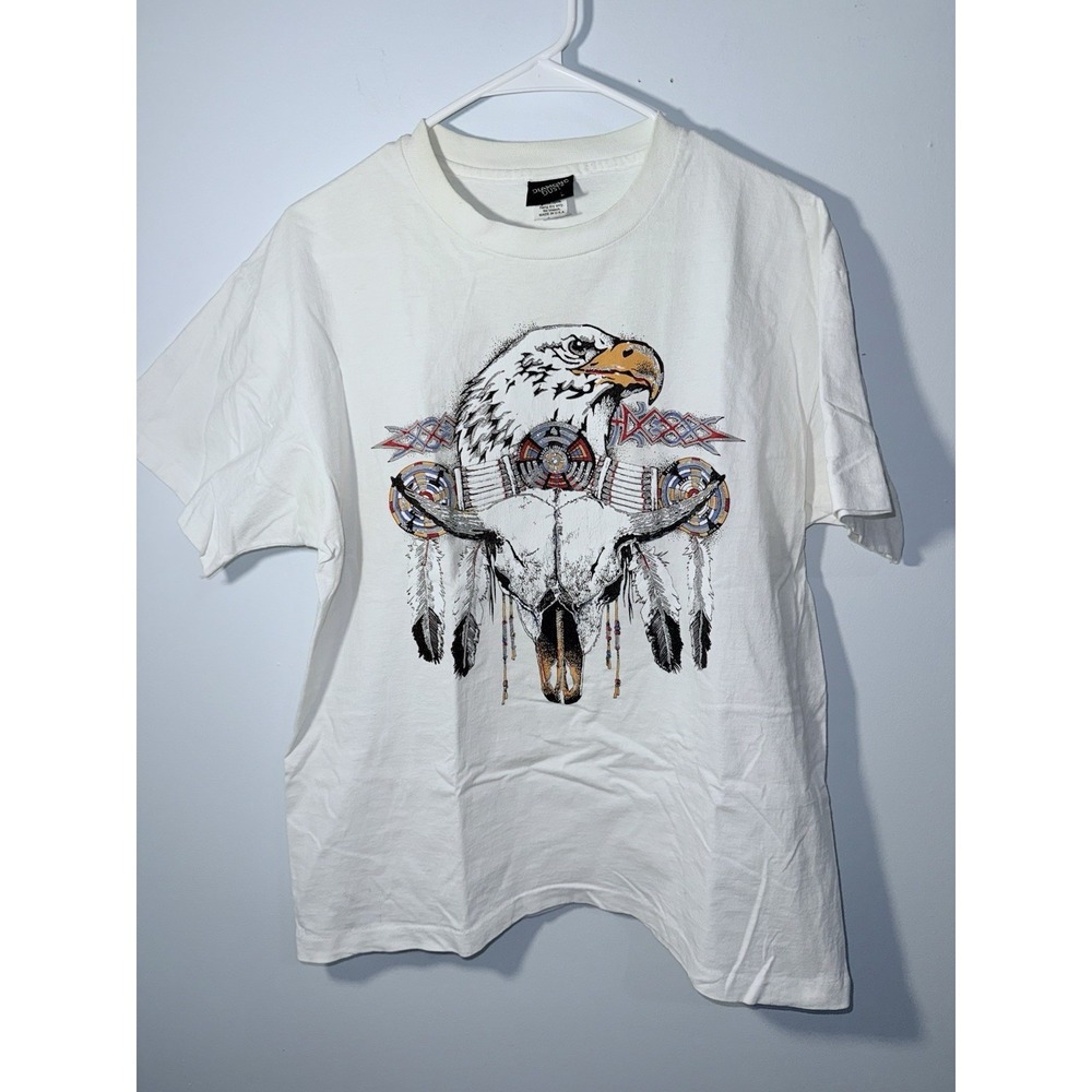 DIAMOND DUST Men's Vintage Native American Shirt White Glitter 90's Tee Size L